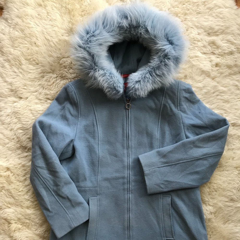 Anne Klein Wool Coat Fox Fur Lined Hood Baby Blue